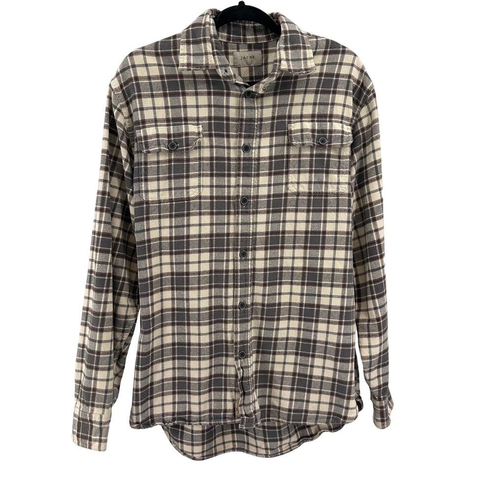 Jachs Flannel Gray/Brown/White Men's Plaid Button-Up Shirt L Tall Hi-Low Hem LS